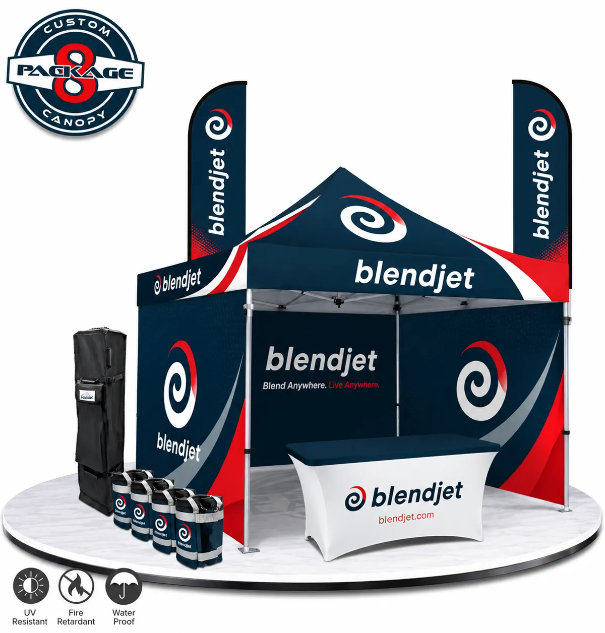 10x20 premium custom canopy tent activation with printed walls, feather flags, table cover and weight bags