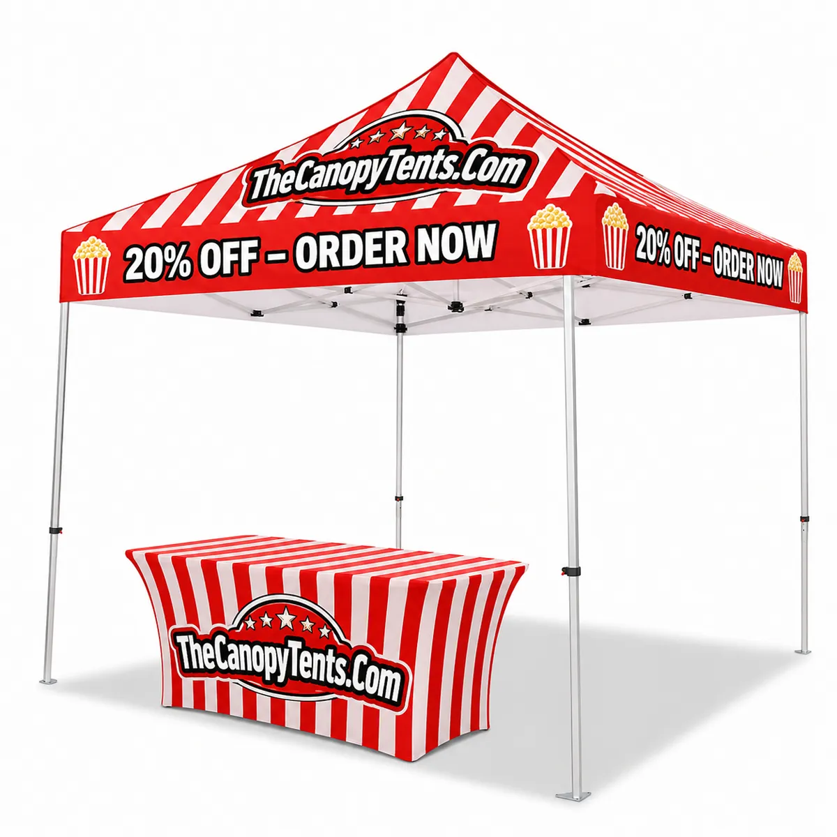 Custom 10x10 canopy tent with matching printed stretch table cover for craft fair booths