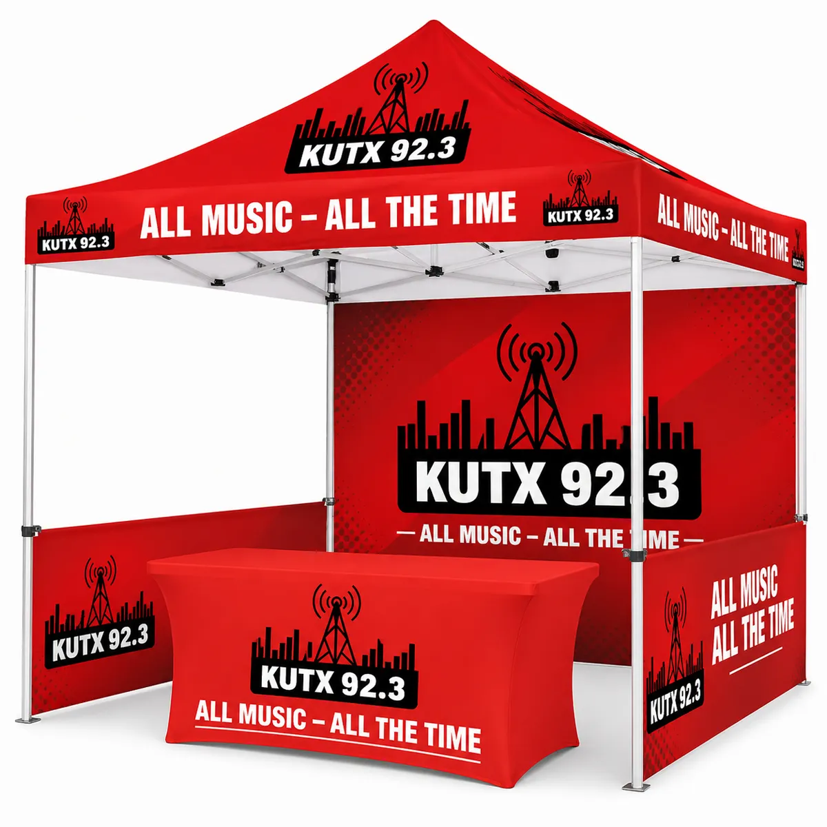 10x10 custom trade show canopy tent booth with printed backwall, half walls and table cover