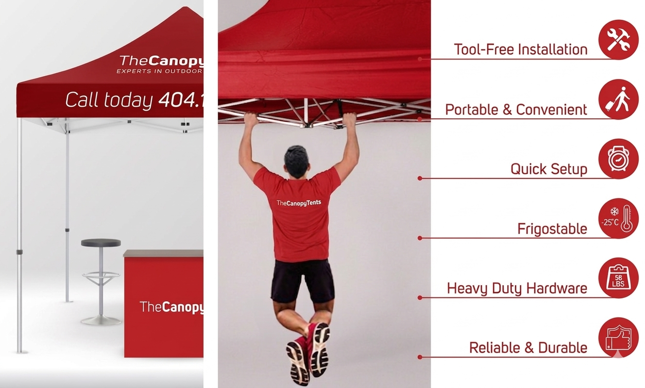 Tent + Tension Banner + 6ft Table shown set up with branded canopy, counter and frame detail