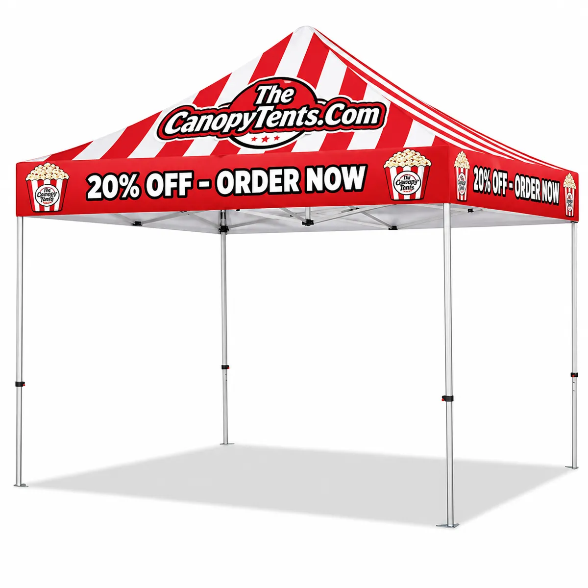 Red and white striped custom pop up canopy tent printed with a 20% off promotional offer