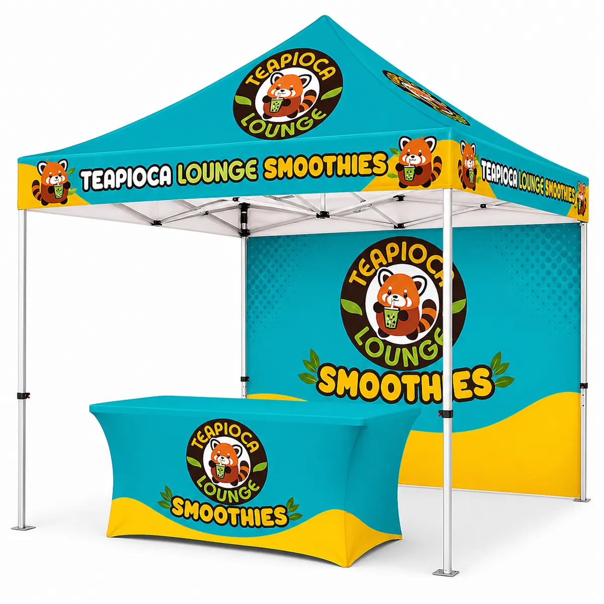 10x15 custom festival vendor canopy tent with printed backwall, half wall and matching table cover